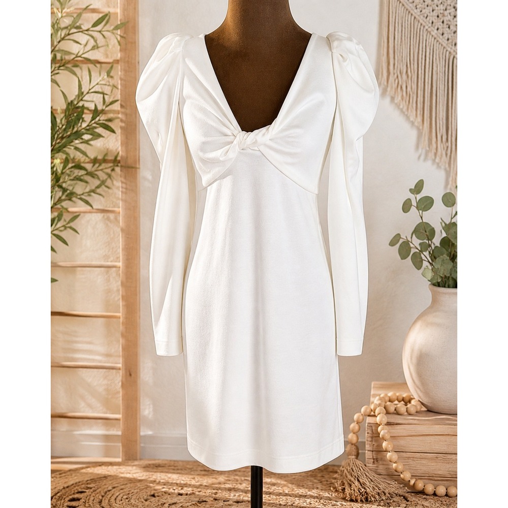 Andre Tan Dress M White Puff Sleeve Bodycon Mini Luxe Y2K NWT Ukrainian Designer
